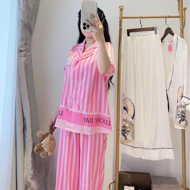 Bộ ngủ pijama mặc nhà cho nữ sọc hồng 6 nút có túi lụa xước 6