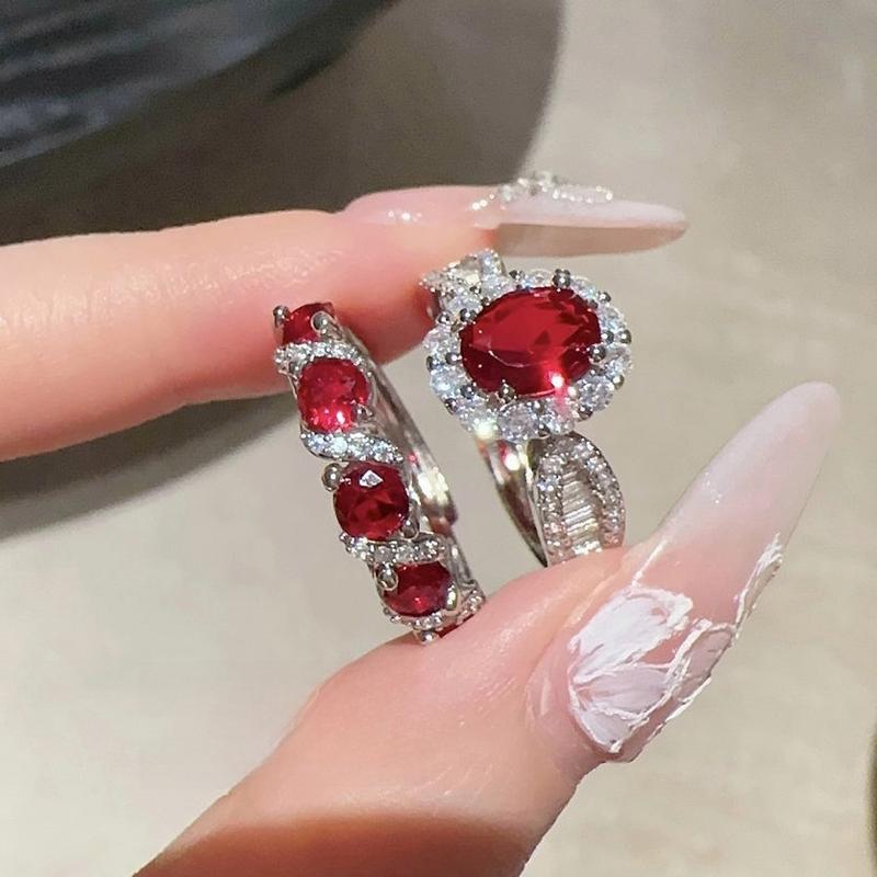 Product Introduction of Wine Stain Rose Egg-Shaped Gemstone Ring Farah 18K Gold Plating Rouge Magenta Zircon Cord for Braiding Ring Twin 4