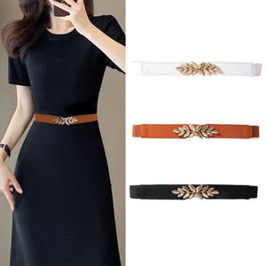 Woman's Elastic Waist Belt Fashion Metal Leaf Buckle Dress Clothing Black Brown PU Leather Waistband