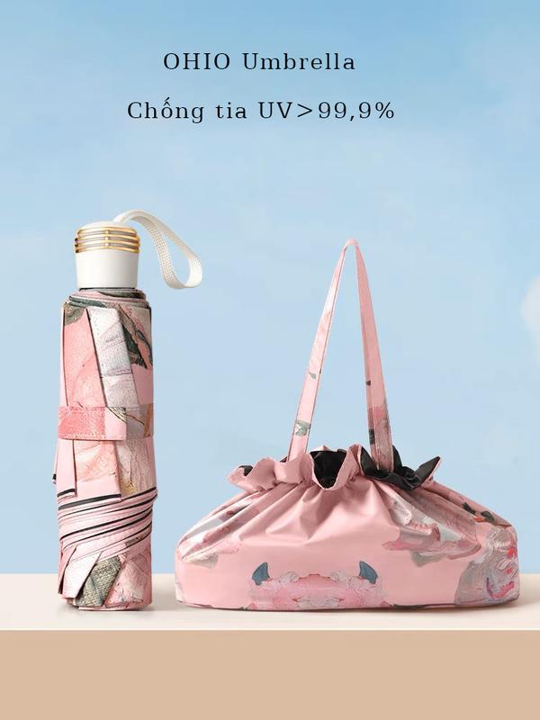 Ô che nắng mưa, Dù che nắng mưa họa tiết Hoa hồng trắng và Hoa mẫu đơn in 2 mặt, 2 lớp vải chống tia UV mẫu cán thường ô gấp gọn ôchống tiauv