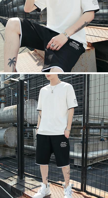 Product Introduction of New Leisure Sports Suit Men's All-Cotton Short-Sleeved T-shirt Shorts Set Workout Clothes Two-Piece Set 18