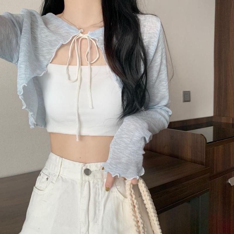 Áo Cardigan, Áo Khoác Mỏng Dáng Ngang Eo Cột Nơ Ngực Tay Viền Sóng Đậm Chất Phong Cách Hàn Quốc Cam Closet