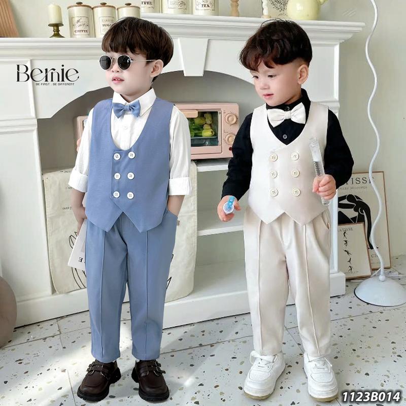 Bộ vest nơ bé trai 4 chi tiết màu xanh, be Bernie - Set gile quần áo dài kèm nơ - Bộ công tử bé trai Hàn Quốc cho bé 9-23kg - 1123B014