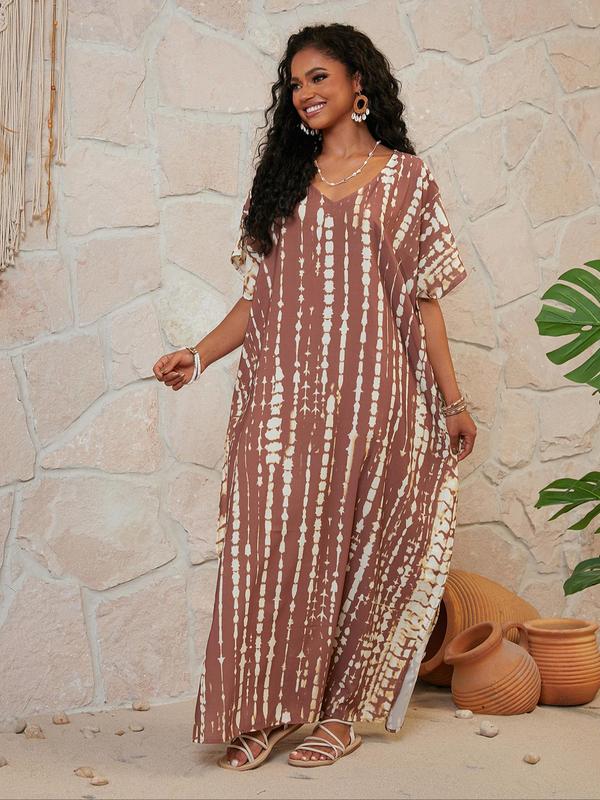 Plus Size All Over Print Batwing Sleeve Split Hem V Neck Dress, Casual Half Sleeve Long Dress for Summer Beach Vacation Holiday, Women's Plus Size Clothing 5
