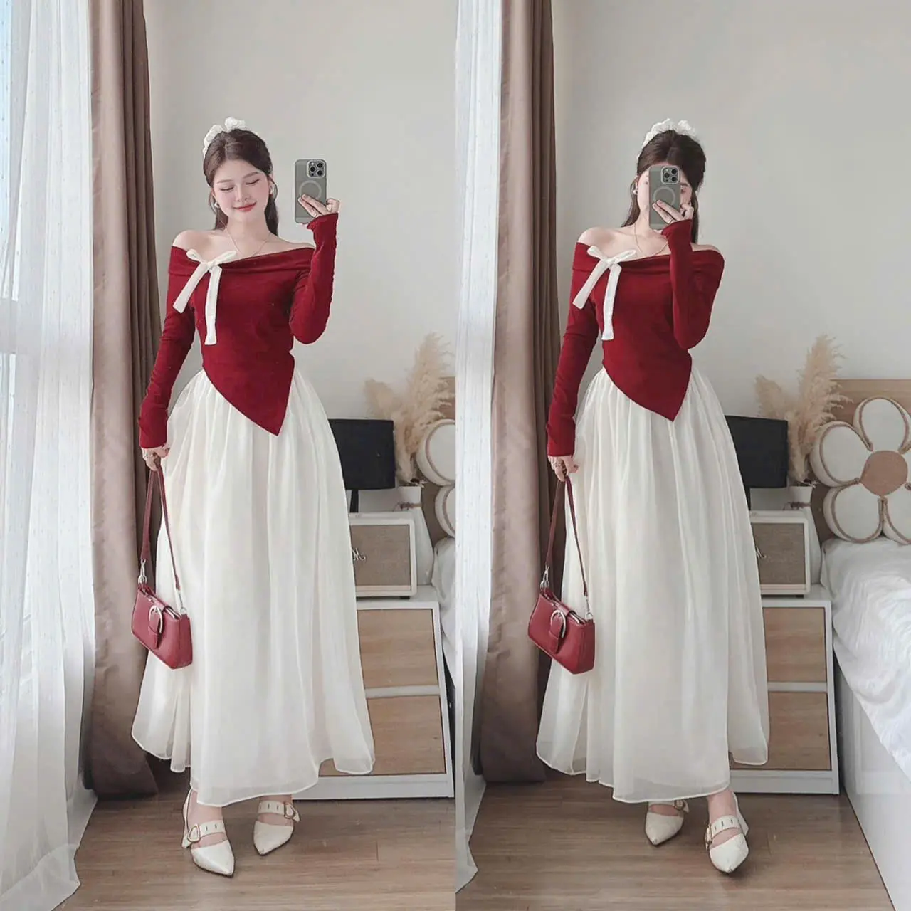Sét đồ nữ mặc noel mặc tết áo thun tăm tay dài bẹt vai kèm chân váy tơ dáng dài duyên dáng