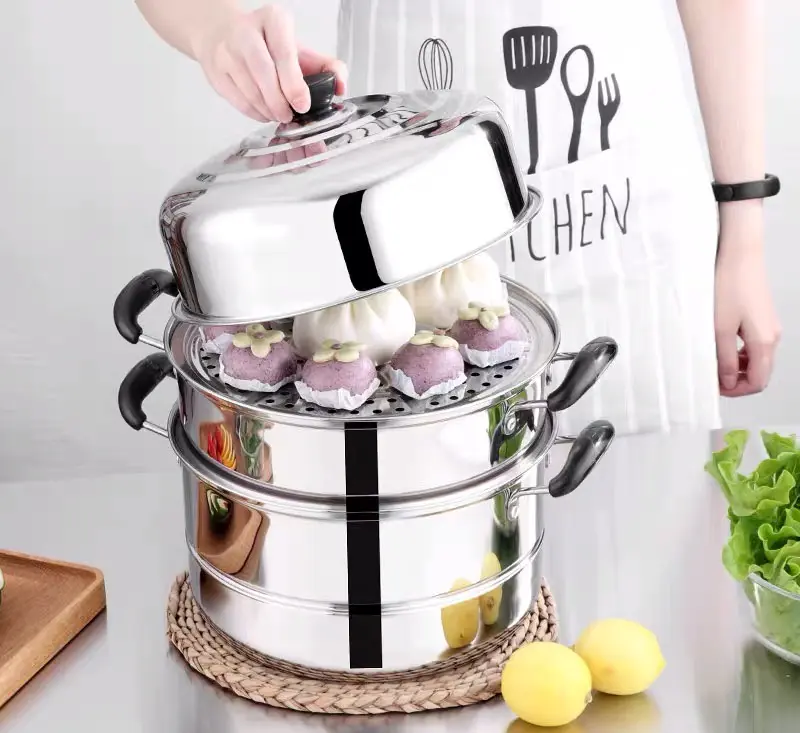 Nồi Hấp Inox 3 Tầng Siêu To 28CM Dùng Cho Cả Bếp Từ Và Bếp Ga Tặng Kèm Xửng Hấp