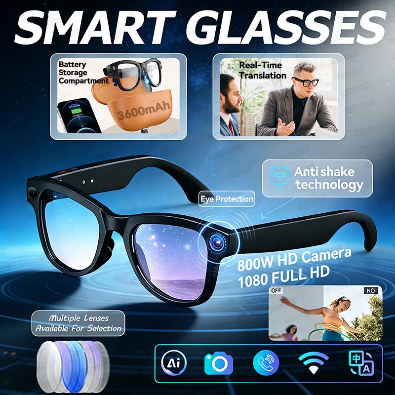 New 800W Camera 3600mAh Portable Charger Smart Glasses 100+ languages Translation Bluetooth Call Music Player AI Smart Glasses