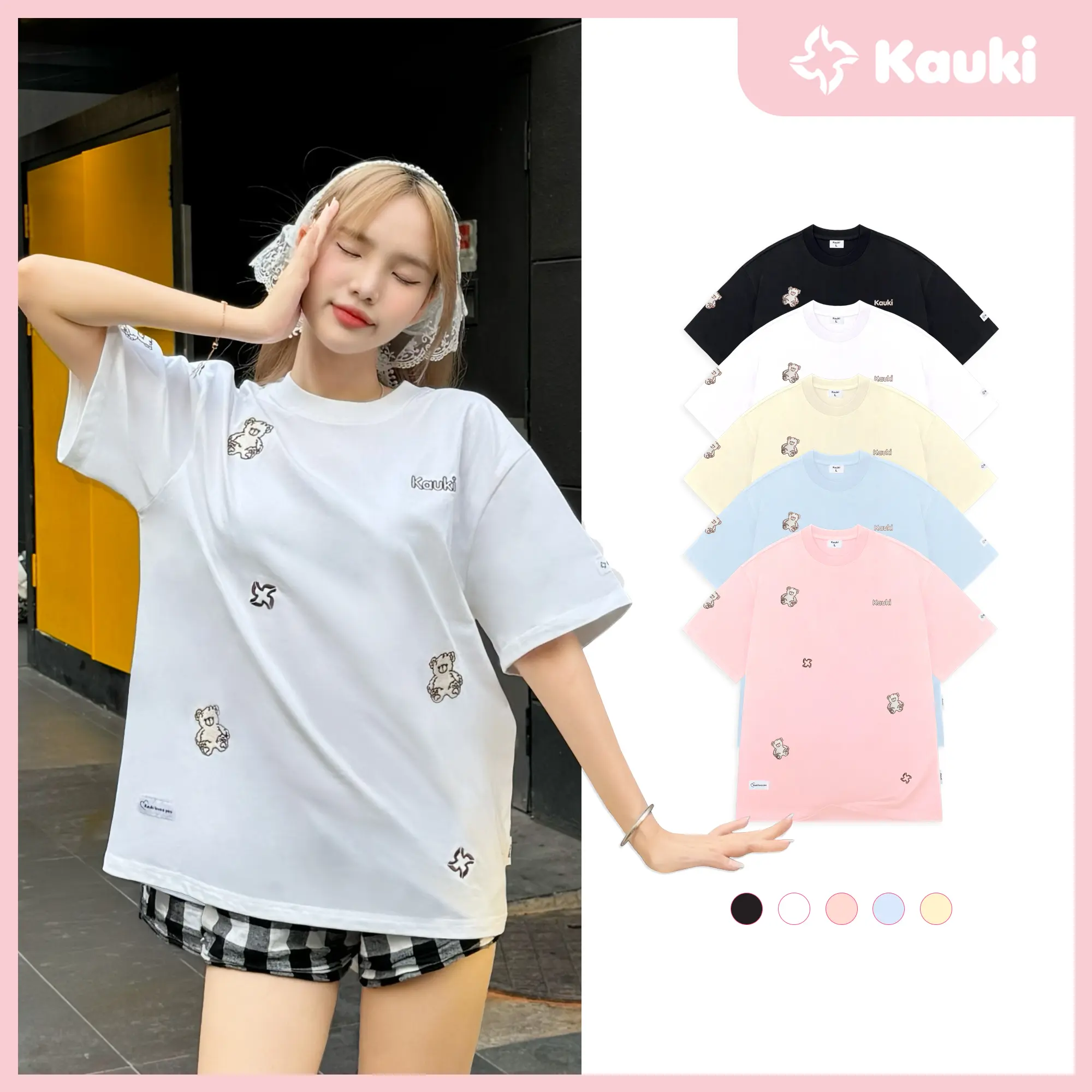 Áo Thun Kauki Thêu Gấu Vui Vẻ Form Rộng Oversize Cotton 250gsm Nam Nữ Unisex Top FR9  Women Cổ Tròn