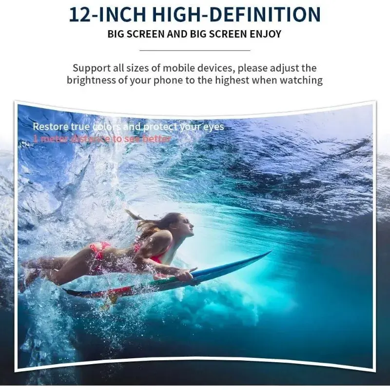 Kính lúp màn hình điện thoại, 12 inch, 3D HD, kính lúp màn hình phim, với thiết kế bề mặt cong, chân đế điện thoại 3
