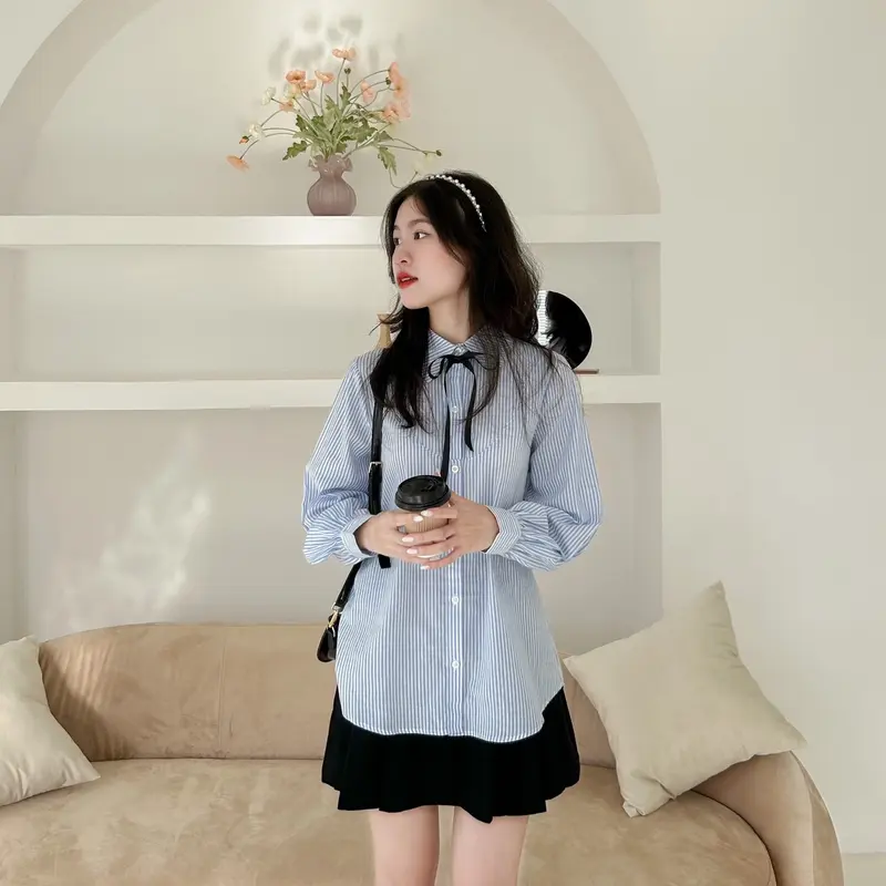 | Tặng kèm nơ | Sơ mi nữ chất liệu oxford kẻ sọc tay bồng xếp ly ngực (Sơ mi Tiên) 2