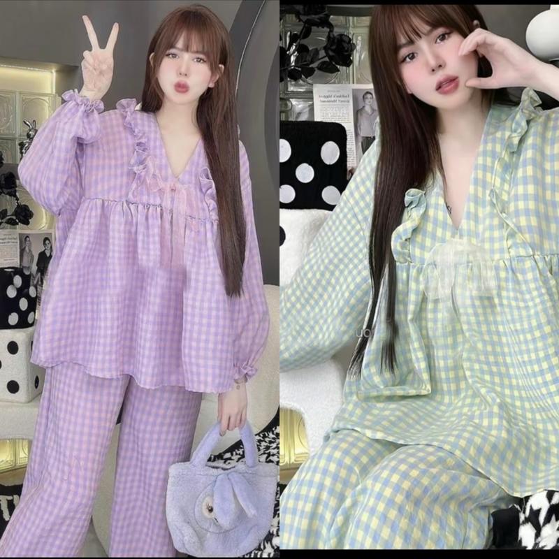 SÉT BABYDOLL KARO TIỂU THƯ FOM RỘNG Quần DÀI ÁO CỔ V CHẤT VẢI KATE QC MỊN MÁT Nhung Nữ