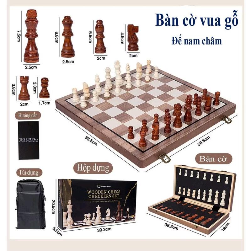 Bộ cờ vua gỗ nam châm 2in1 + Cờ Đam Checkers 24 quân cờ gấp gọn Size 39*39 CM. Board Game