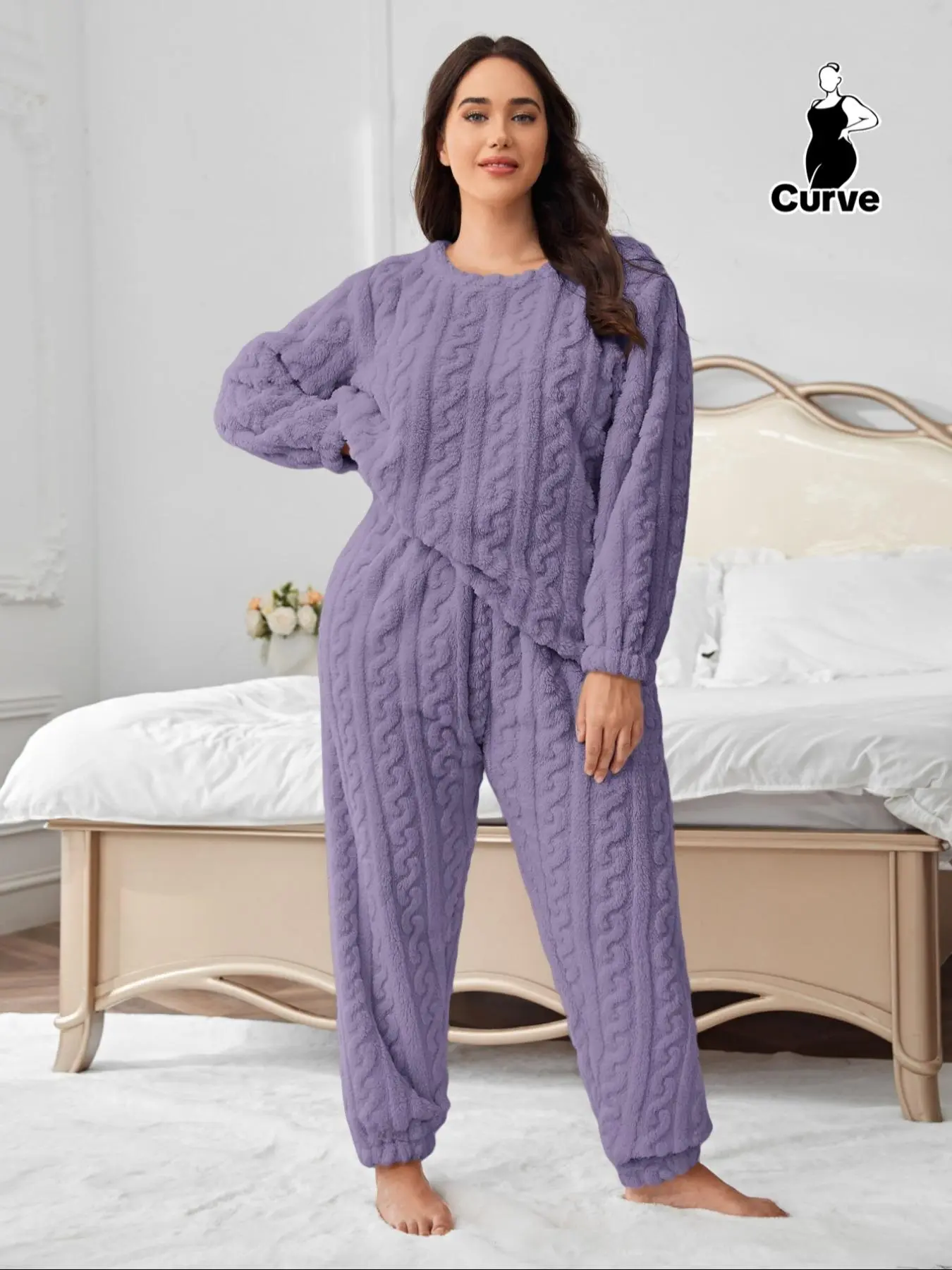 Plus Size Solid Textured Drop Shoulder Top & Coral Fleece Pants Two-piece Set, Casual Fashion Cozy Round Neck Long Sleeve Top & Trousers for Daily Home Wear, Women's Sleepwear for Fall & Winter, Fluffy Pajamas
