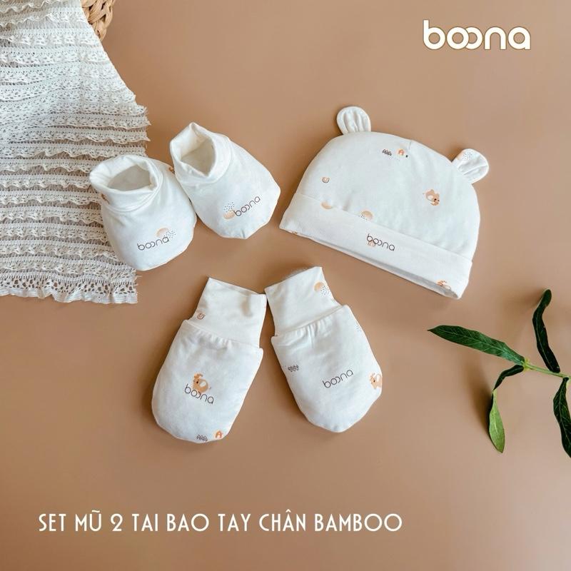 ( Sét 3 Chi Tiết )  Bộ Mũ Tai Gấu Kèm Bao Tay Bao Chân  Boona Chất Liệu Bamboo Silk Mềm Mại, Thoáng Mát Cho Bé Sơ Sinh
