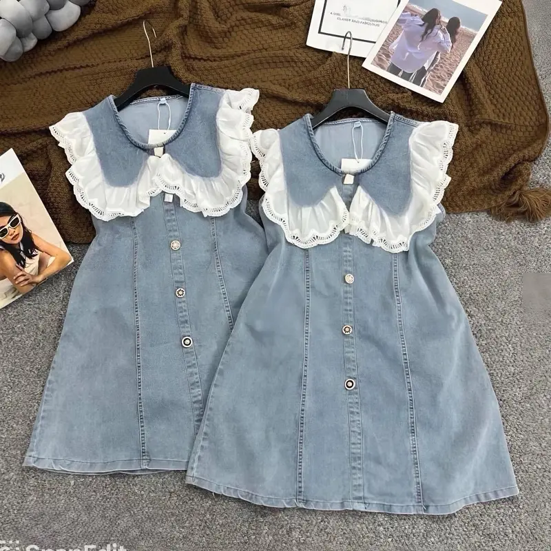 Đầm jean dáng suông babydoll cổ phối ren mềm cho size bé gái và mẹ 0