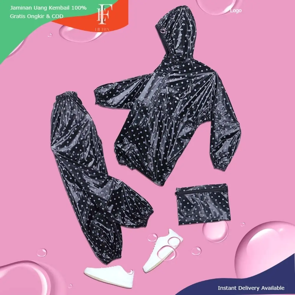 Jas Hujan Wanita Setelan Baju Celana Hitam Polkadot Inficlo CL 16x IFS Pvc Remaja
