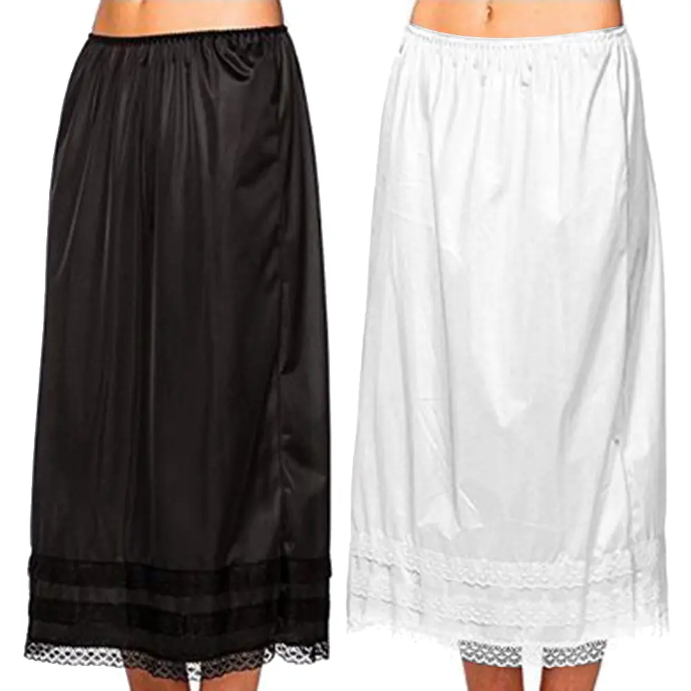 Women Solid Color Elastic Waist Lace Patchwork Underskirt Petticoat Midi Skirt