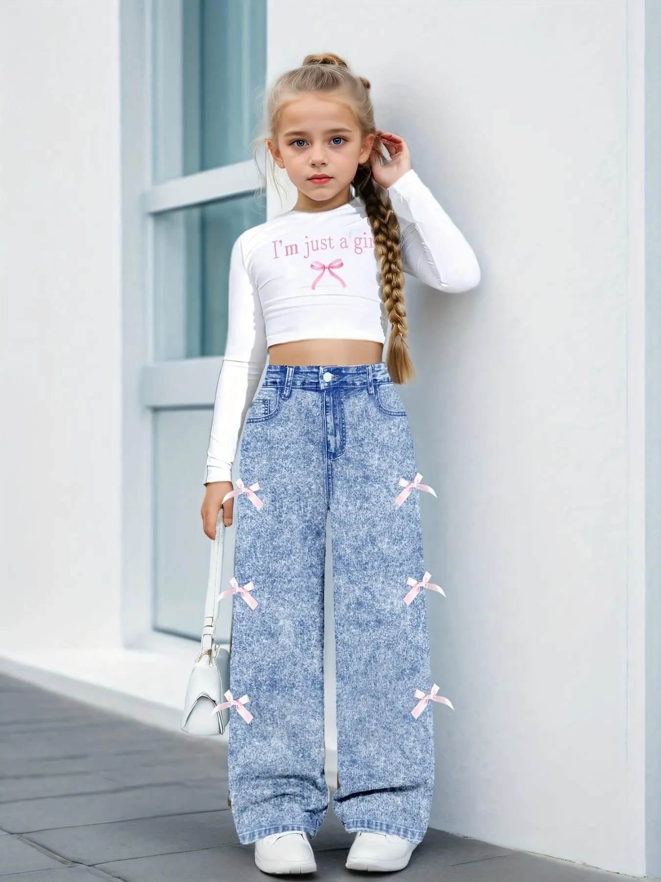 Two-Piece Set Girl's Letter Print Top & Denim-Effect Print Pants Set, Casual Long Sleeve Top & Trousers for Daily Wear, Kids Clothing for All Seasons