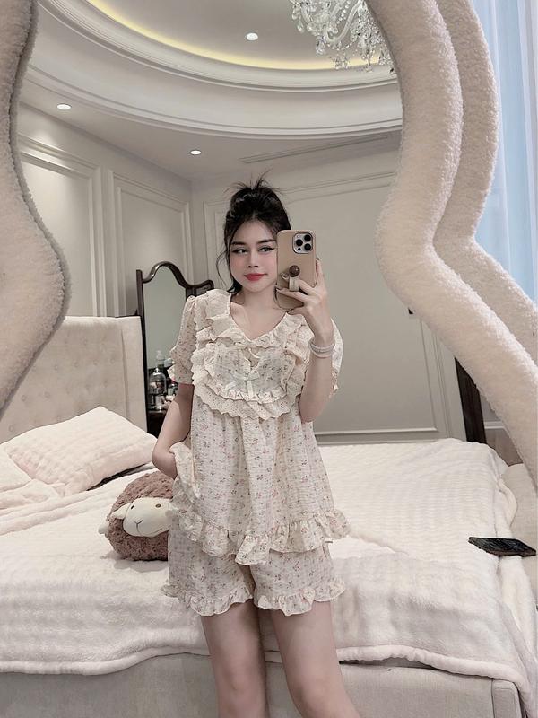 Bộ Ngủ Nữ Chất Vải Đũi Hàn Mềm, Đồ Bộ Tiểu Thư Quần Có Túi Free Size 40-62KG - C01 3