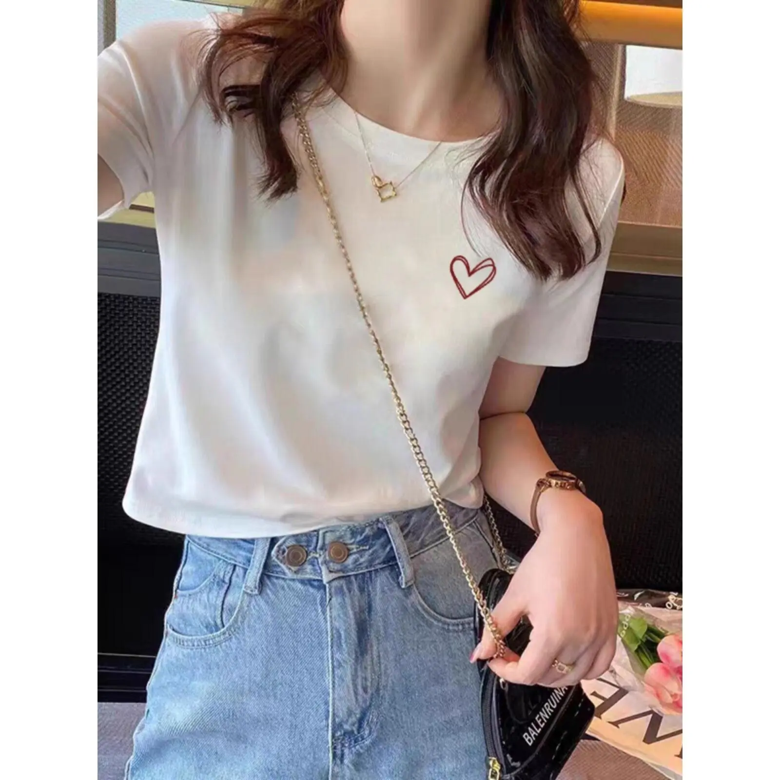 2024 New Womens Short sleeve cotton T-shirt loose fit round neck printed pattern work clothing summer style Top Womenswear Lingerie Streetwear