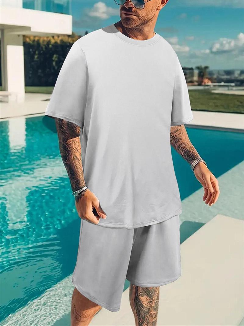 Product Introduction of 2 Piece Set Men's Solid Round Neck Tee & Drawstring Waist Shorts Set, Regular Fit Crew Neck Short Sleeve T-shirt & Pocket Shorts, Casual Fashion Cozy Breathable Men Two-piece Outfits for Summer 12