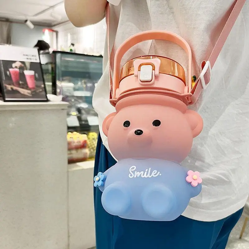 Gradient color bear double drink straw cup girls high value large capacity water cup children cute high temperature resistant plastic cup B-397