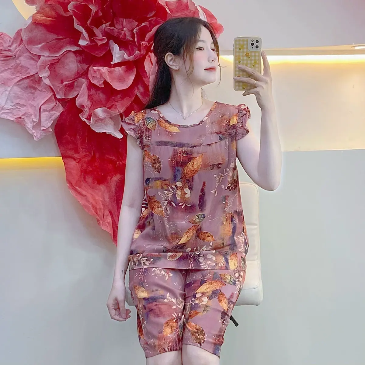 KA47 - Đồ Bộ Tole Lanh Nhung Nữ Mặc Nhà Trung Niên Áo Cánh Tiên Quần Lửng Size 45-85kg Mát Mẻ Thấm Hút Mồ Hôi