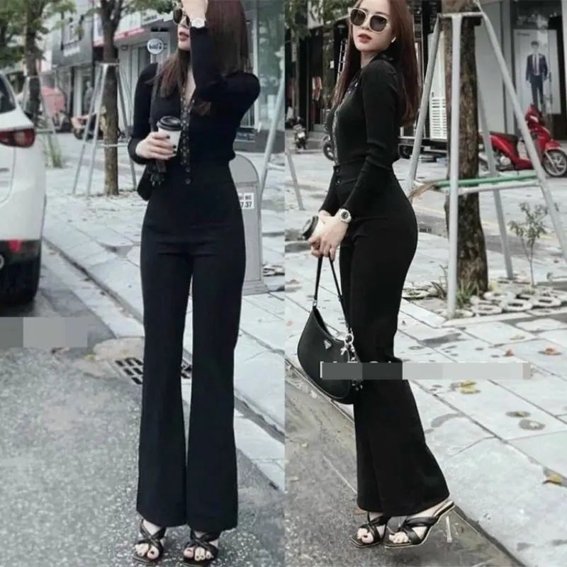 Quần Ống Loe Cạp Cao 2 Cúc Tôn Dáng Có Túi, Quần Vải Tuyết Mưa Hàn, Quần nữ đơn giản sang trọng DE LANA KOREA V828 không có Drawstring 4