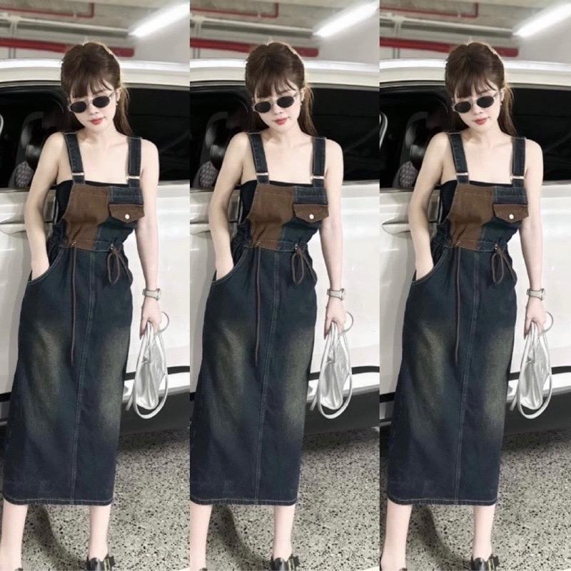 Đầm yếm jean 1 túi phối màu váy yếm dáng dài sang trọng