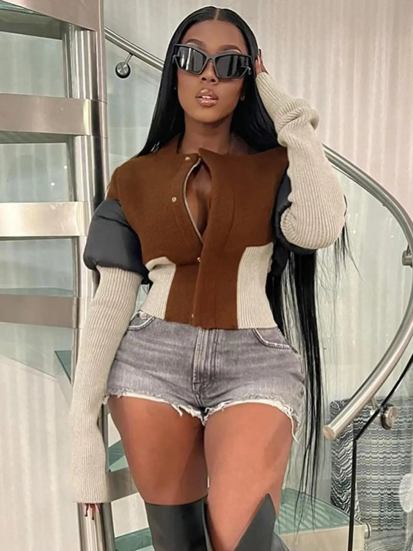 Women's Colorblock Zipper Front Button Crop Jacket, Casual Long Sleeve Cropped Coat for Fall & Winter, Ladies Clothes for Daily Wear