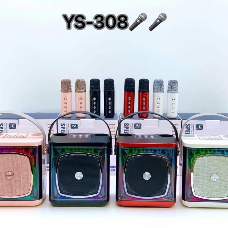 Loa karaoke mini Ys -308 kèm 2 micro hay + nghe nhạc + bluetooth ( thiết kế bắt mắt hiện đại , dải đèn led hình tròn ) Kem Củ Loa