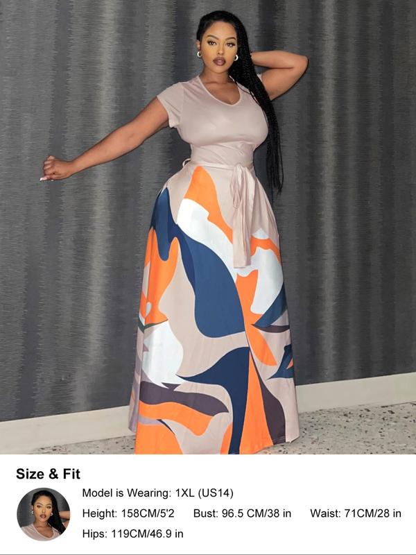 Plus Size Colorblock Print Belted Pocket V Neck Dress, Casual Short Sleeve A Line Dress for Summer, Dresses for Women, Women's Plus Clothing for Daily Wear 2