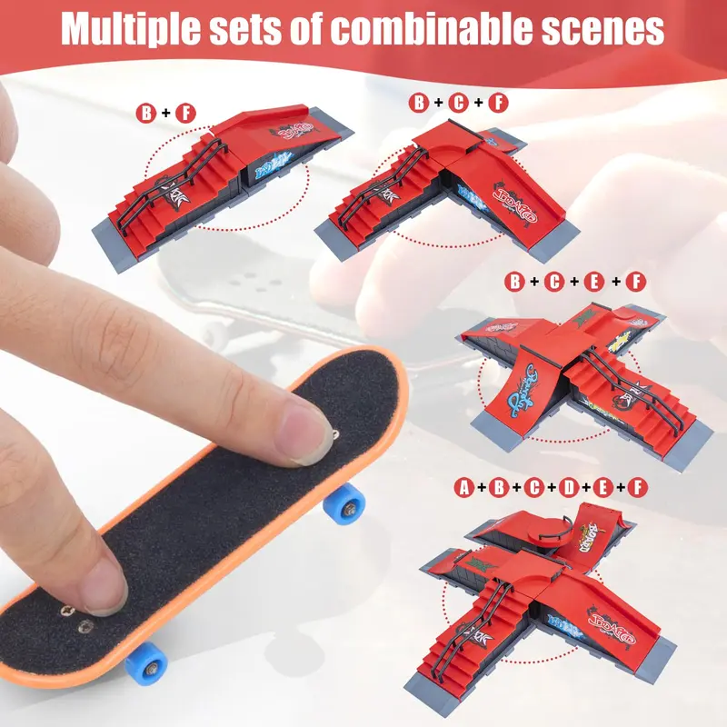 Finger Skateboard Set, Including 6 Counts Skateboard Tables, 6 Counts Random Colored Finger Skates, 1 Count Display Stand, 1 Count Pants, 1 Count Clothing & Random Color Accessory Bag, DIY Skate Park Ramp Parts, Interactive Finger Skateboards Track Kit 5