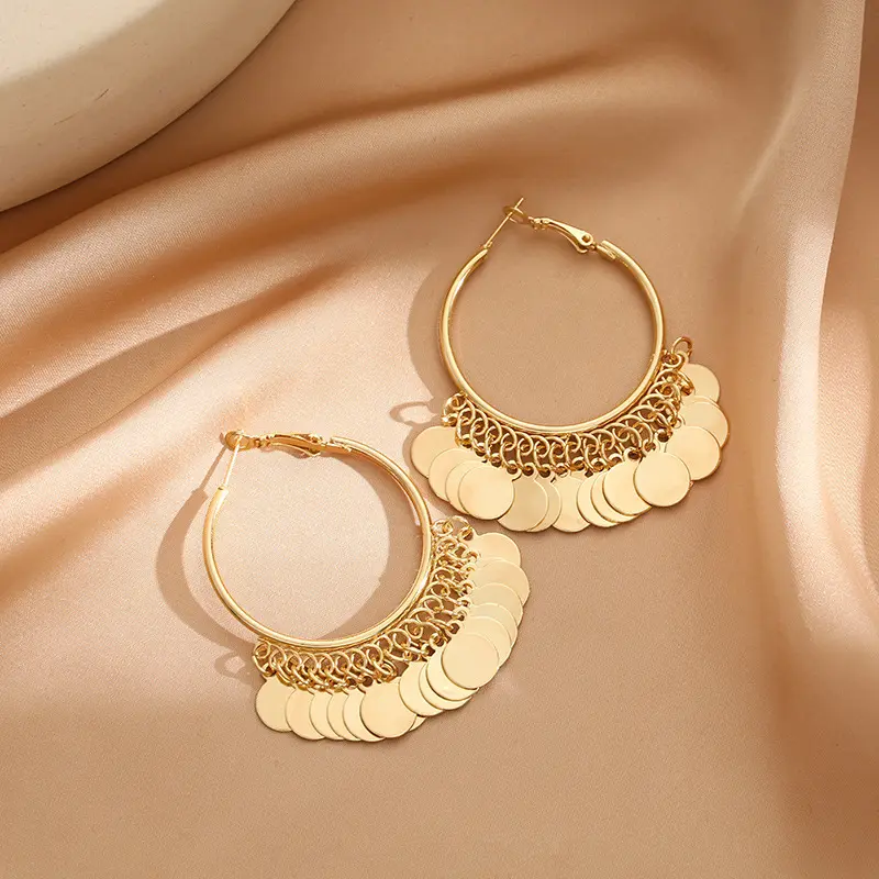 European and American Style Metal Texture Round Tassel Earrings Hoops INS Trendy Cross-border High-end Design Light Luxury Stud Earrings Jewelry