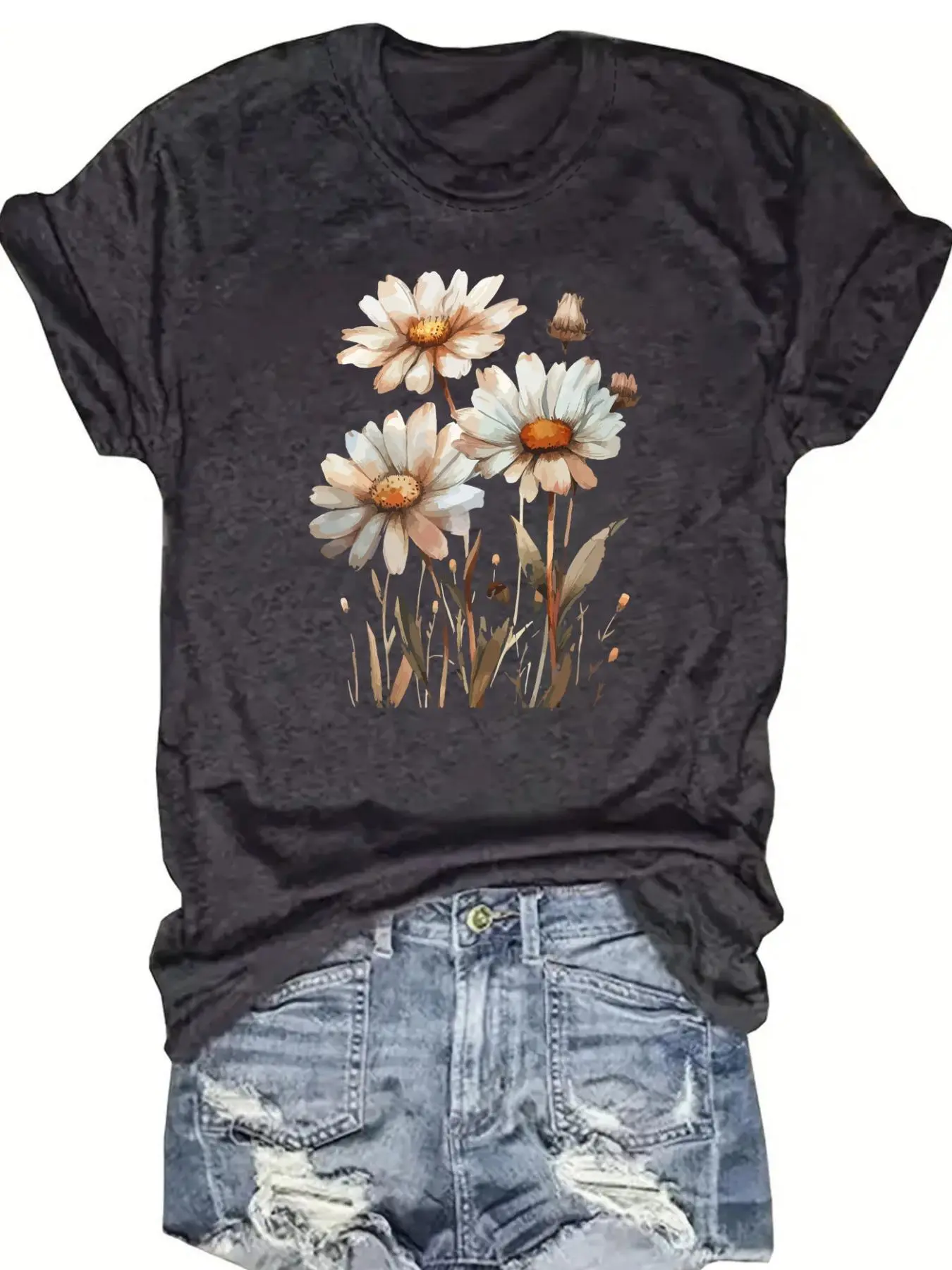 Women's Floral Print Round Neck Graphic Tee, Vintage Trendy Casual Drop Shoulder Short Sleeve T-shirt for Daily Wear, Ladies Summer Outfit