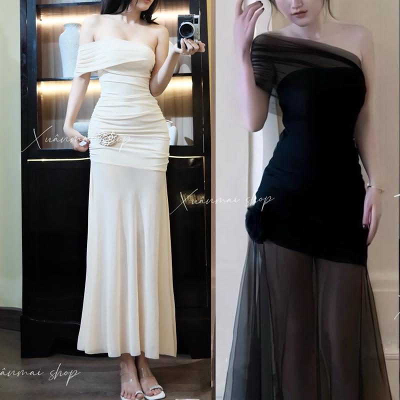 Đầm LỆCH TAY LƯỚI DÀI dáng A nhúm eo đính hoa XuânMaishop