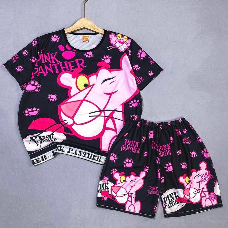 Bộ hoạ tiết Báo hồng quần đùi tay ngắn cho cha, mẹ, bé TỪ 7KG ĐẾN 75KG hoạ tiết hoạt hình dễ thương, chất thun mềm - mịn - mát