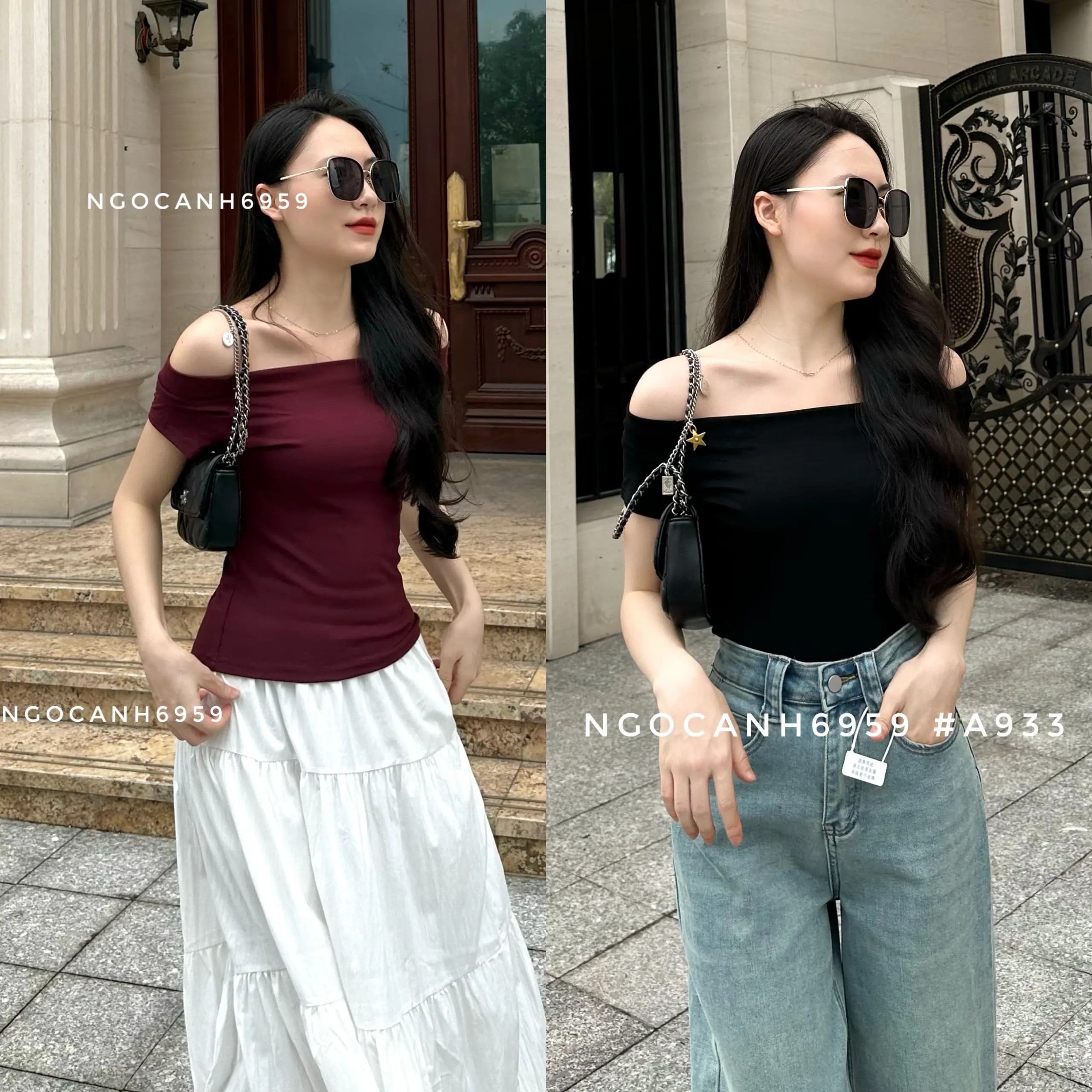 A933 Áo trễ vai dài tay và ngắn tay Quảng Châu màu đỏ và đen phong cách Hàn Quốc tiểu thư sang trọng N156
