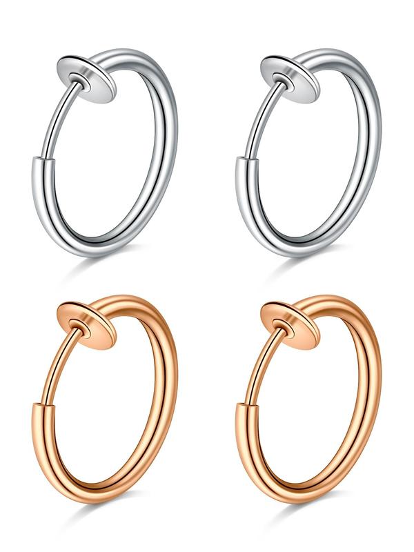Simple Stainless Steel No Piercing Earring, 2 Pairs Fashionable Earrings for Women & Men for Party, Daily Clothing Decor, Trendy All-match & Exquisite Jewelry for Birthday Gift 2
