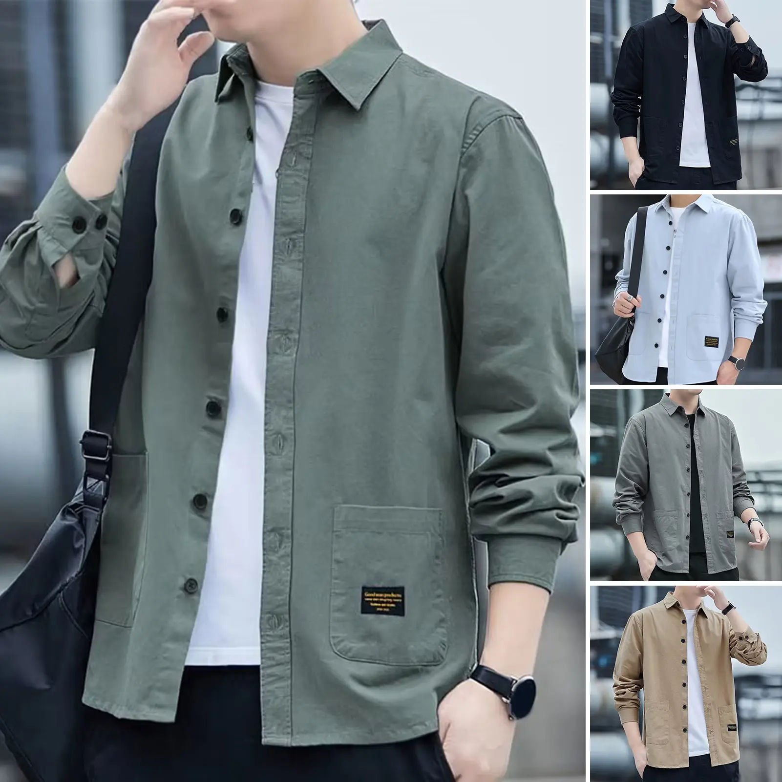 Huxriqvy Men Autumn Shirt Double Pockets Solid Color Long Sleeves Turn-down Collar Loose Warm Single-breasted Casual Korean Style Autumn Tops for Daily Wear