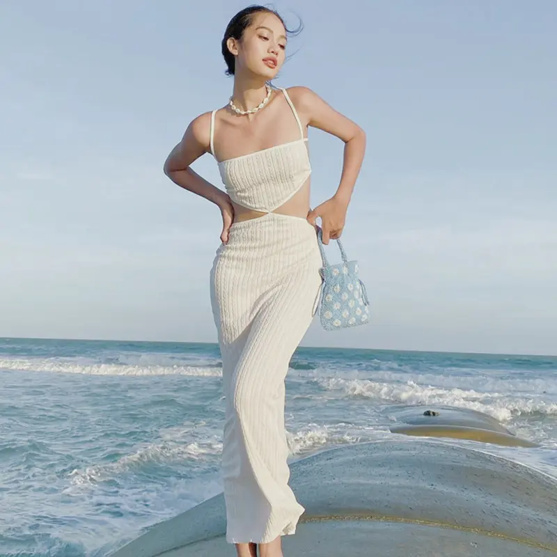 Women Long Bodycon Dress Solid Color Cutout High Waist Sleeveless Sling Dress Summer Cross Tie-Up Backless Dress