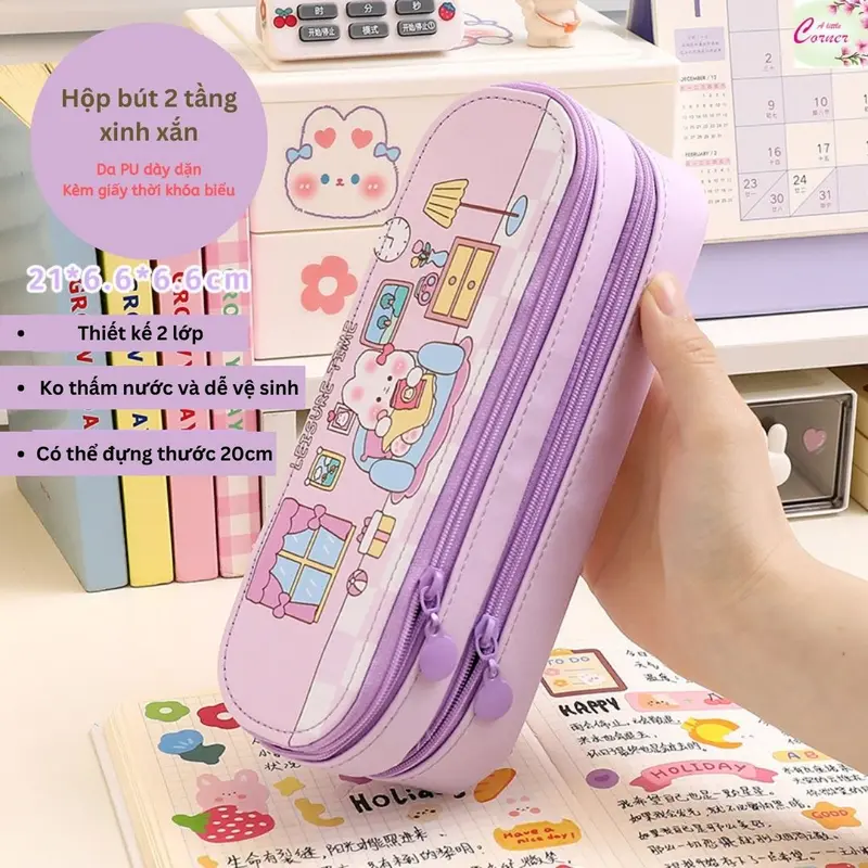 Hộp bút túi đựng bút 2 tầng khóa kéo bé gái bé trai họa tiết xinh xắn 2