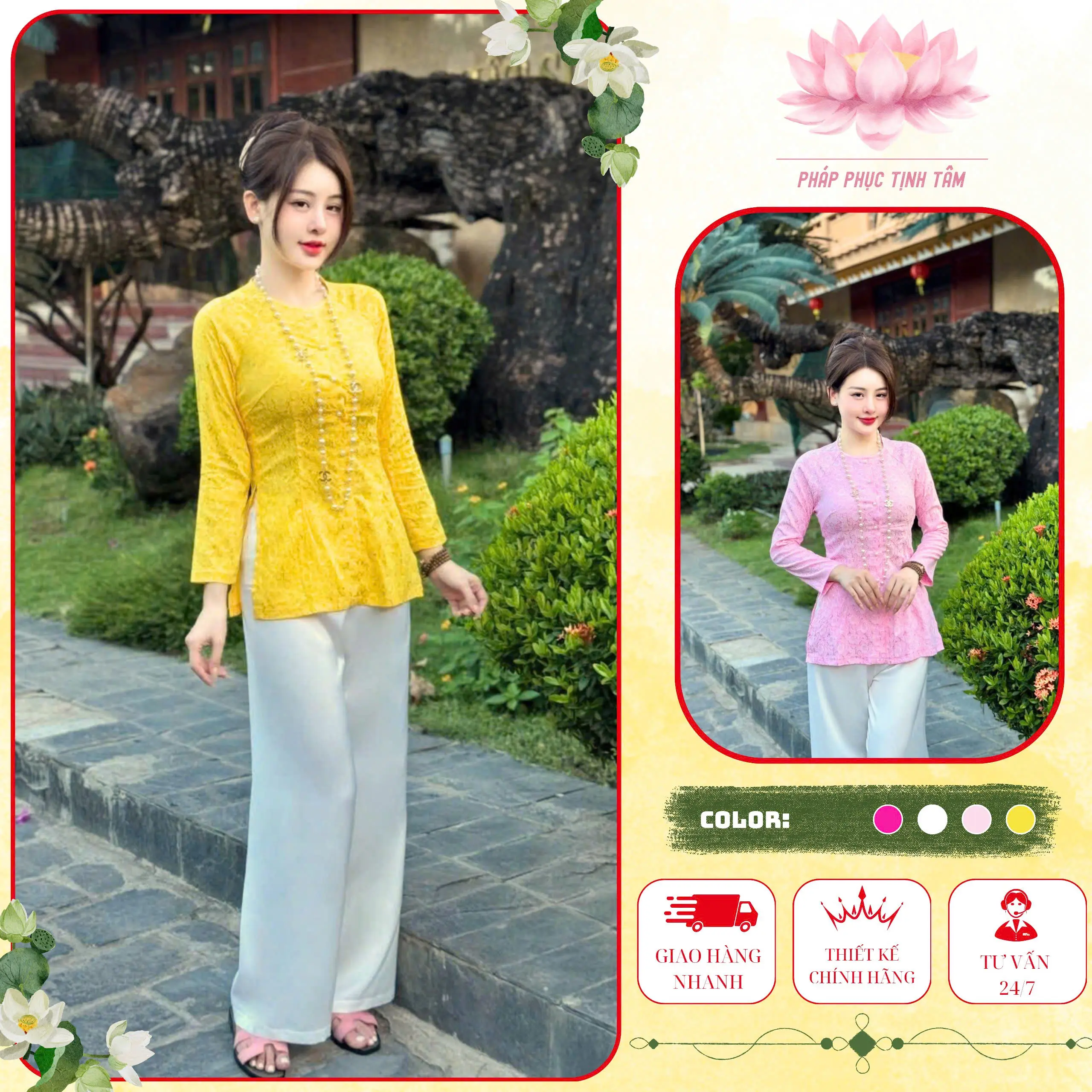 Pháp Phục Tịnh Tâm Set Bộ Bà Ba Cách Tân Cổ Tròn Dài Tay lụa Gấm Cúc Ngọc Cao Cấp Siêu XInh Phù Hợp Đi Lễ Chùa Voi Top