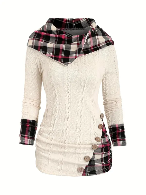 Women's Plaid Print 2 In 1 Ruched Fake Buttons Hoodie, Casual Textured Long Sleeve Hooded Sweatshirt for Fall & Winter, Women's Clothing for Daily Wear 2