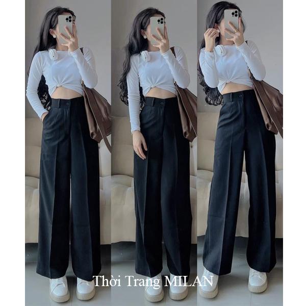 Quần ống rộng ly trước lưng cao nữ m50 m55 m60 khóa trước màu Đen Kem Ghi dáng quần vải ống rộng cạp cao 1 nút đi học biển làm công sở đáy cao