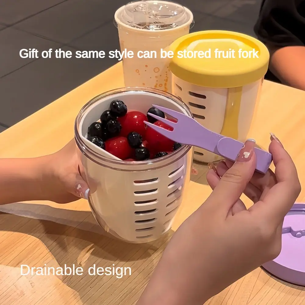 Fruit Cup Breakfast Salad Cup with Fork Portable Draining Double Layer Takeaway Picnic Box Sealed Salad Fruit Cup-B515