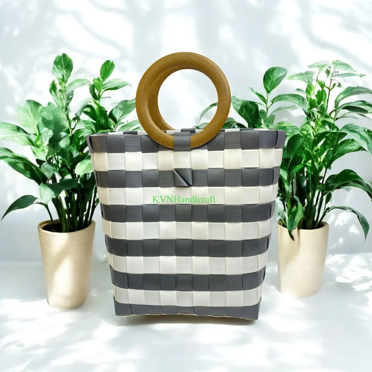 Giỏ Đan Nhựa,Giỏ Gỗ Đứng Đan Tay, Túi Xách Đan Thủ Công Handmade, Làn Nhựa Đi Chợ,Túi Xách Đẹp Đi Biển,Sọt đựng đồ