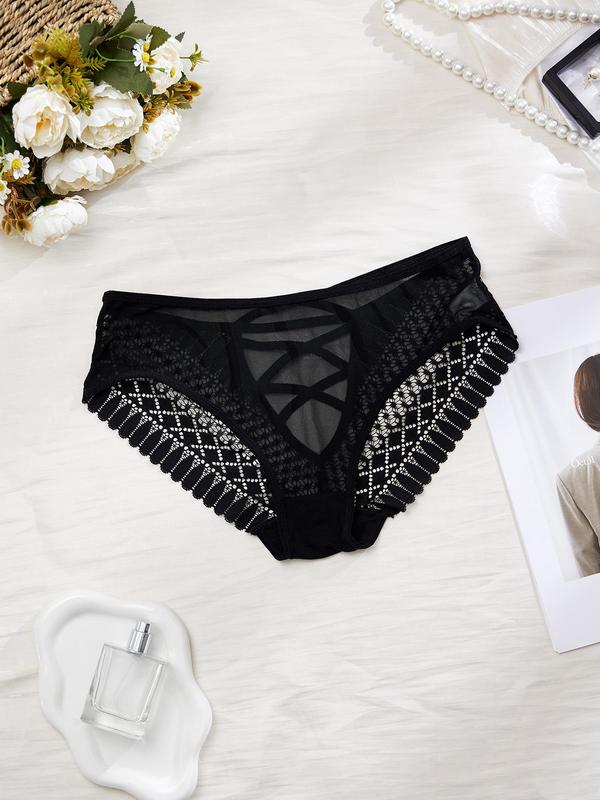 【Plus Size】  Floral Detail Contrast Mesh Lace Up Panty, Solid Color Sheer Fabric Knicker for All Seasons, Comfy Breathable Underwear for Women 3