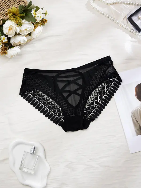 【Plus Size】  Floral Detail Contrast Mesh Lace Up Panty, Solid Color Sheer Fabric Knicker for All Seasons, Comfy Breathable Underwear for Women 2
