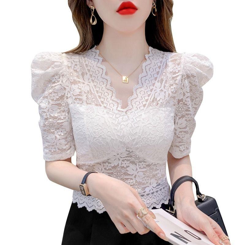 Áo Lớp Lưới Sợi Lưới Ren khoét Cổ Chữ V, Dành Cho Nữ, Phong Cách Phương Tây Thanh Lịch, Tay Phồng, Bó Sát Bụng, Thích Hợp Cho Mùa Hè 2024, Áo Sơ Mi Nhỏ 5